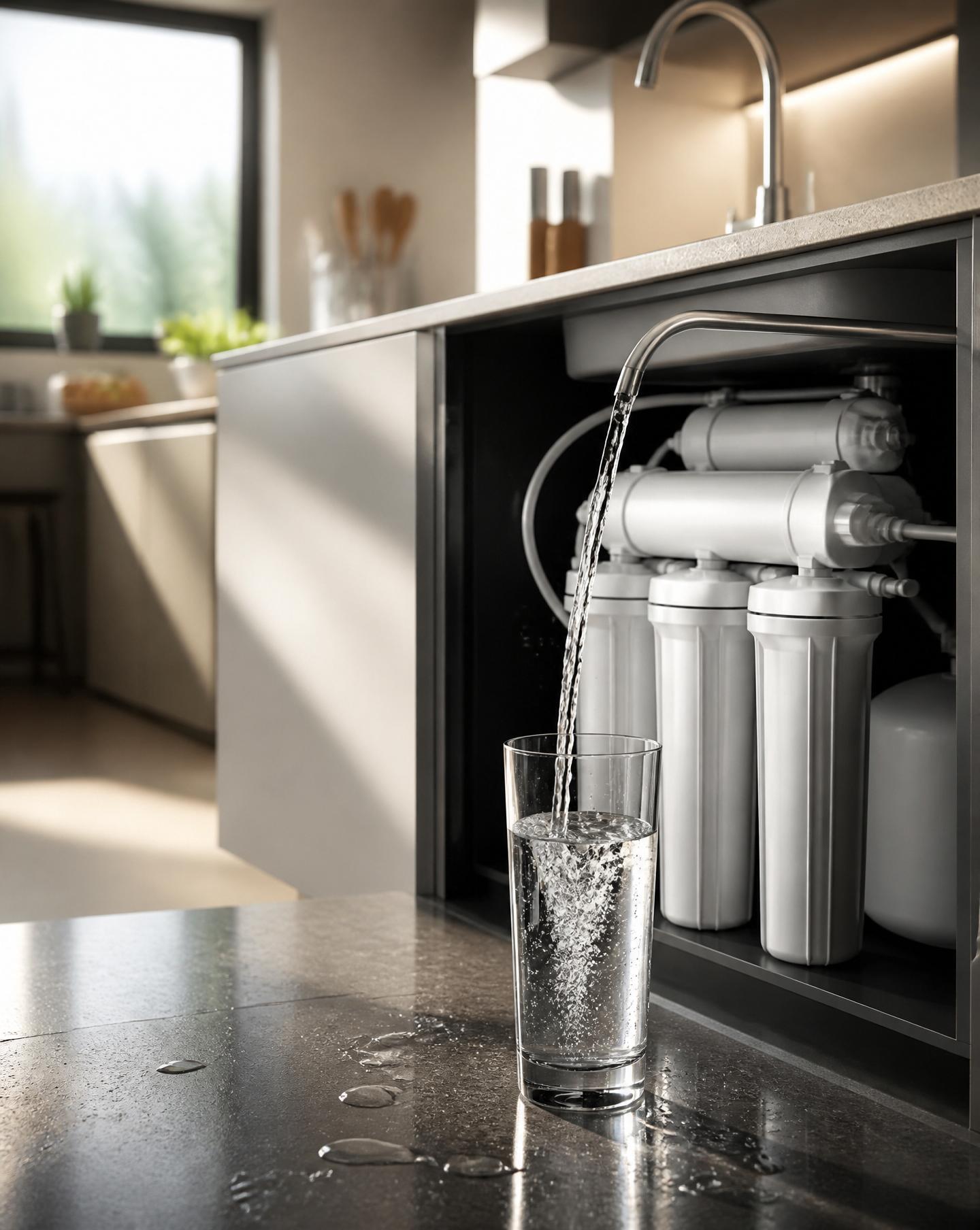 Under-sink RO water purifier filling a glass